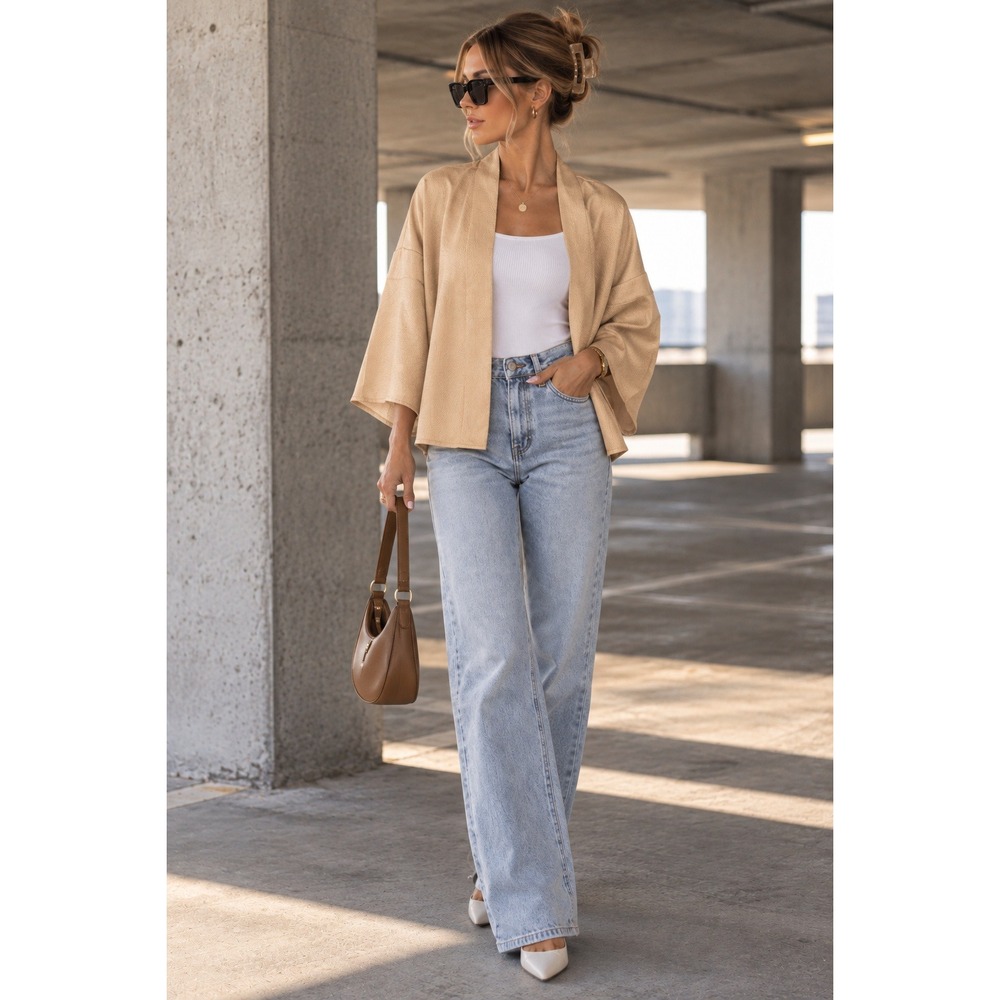 Sincerely Jules Beige Satin Kimono Jacket Open Front Bell Sleeve NWT Small